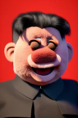 Waist up muppet Portrait, Kim Jong-un as muppet doll, black suit, photo studio, red background, unreal engine 5, concept art, art station, god lights, ray tracing, RTX, lumen lighting, ultra detail, volumetric lighting, 3d.