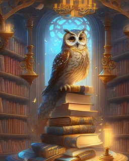 An enchanted library filled with floating books, magical scrolls, and a wise old owl perched on a golden stand.