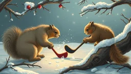 ice bear squirrels playing hockey in the tree on ceres