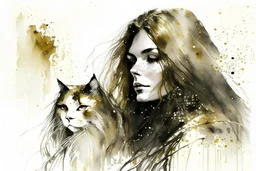 long haired woman with cat, white watercolor and black ink, golden glitters