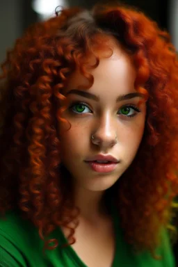 Mixed girl long curly reddish Orenge hair dark green eyes fat cheeks