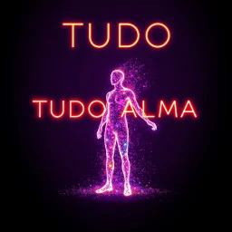 A vibrant and dynamic design. The title 'TUDO ALMA' is prominently displayed in sleek, neon-colored typography that glows against the dark purple background. The central image features a silhuette totally made of full light, their body dissolving into a particles of colorful and strong sound waves light, symbolizing the fusion of soul. Surrounding the figure are particles of light, all pulsating with energy, creating a sense of movement and rhythm. A masterpiece.