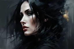 muscular stunning tall russian woman 35yo with long black hair wearing black platform shoes and all black :: dark mysterious esoteric atmosphere :: digital matt painting with rough paint strokes by Jeremy Mann + Carne Griffiths + Leonid Afremov, black canvas, dramatic shading