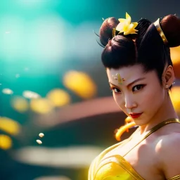 Chun-li underwater with yellow flowers for hair, closed eyes, rtx, reflection, 8k, glow, winning photography, caustics