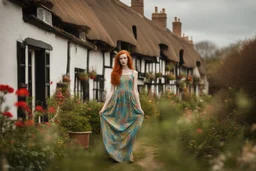 Full body shot of a tall slim pretty, red-headed young woman, dressed in a long flowing colourful dress, standing in front of a row of cottages and shops with thatched roofs