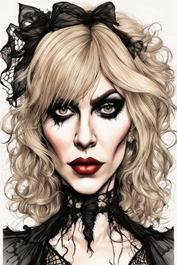 create a caricature of Courtney Love as a savage, sullen, gothpunk vampire girl with highly detailed and refined facial features and hair, clothed in an ornate Gothic rags and fishnet stockings, in the caricature cartoon style of Gerald Scarfe and Ralph Steadman, precisely drawn, boldly inked, vividly colored, 4k