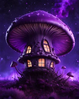 An illogically floating mushroom house on a clear night. white purple black, Stars Dark cosmic interstellar. Detailed Matte Painting, deep color, fantastical, intricate detail, splash screen, hyperdetailed, insane depth, concept art, 8k resolution, trending on Artstation, Unreal Engine 5, color depth, backlit, splash art, dramatic, High Quality Whimsical Fun Imaginative Bubbly, perfect composition