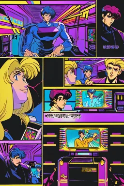 a millineal teenage boy is playing video arcade games, bright colored clothes from the 90s, hairstyles of that time, comic style