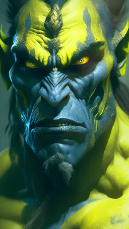 A Na'vi Ogre warrior with large yellow eyes, warrior painted skin, starring at the viewer, 8k resolution concept art portrait by Greg Rutkowski, Artgerm, WLOP, Alphonse Mucha dynamic lighting hyperdetailed intricately detailed Splash art trending on Artstation Unreal Engine 5 volumetric lighting, by Hajime Isayama