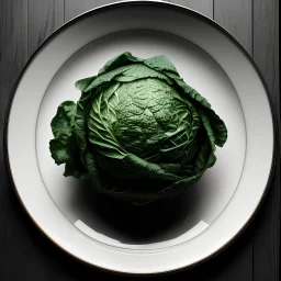 very simple wooden plate with cabbage, black and white photograph, high contrast, underexposed, rich details