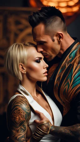 Jason david frank muscular male with short dark hair and tribal tattoos, wearing a designer suit, whispering in ear of young blonde woman, with short hair, wearing short white dress. fantasy, hyper realistic