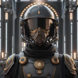 star wars bald male corellian pilot wearing dark gunmetal grey and black First Order special forces TIE pilot armored flightsuit and helmet with gold trim inside the jedi temple, centered head and shoulders portrait, hyperdetailed, dynamic lighting, hyperdetailed background, 8k resolution, volumetric lighting, light skin, fully symmetric details