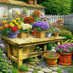 On a garden potting wooden table are potted Marigolds in clay pot, Geraniums in another pot and Lavender in another pot . Behind bench is another potting bench with potted Roses and Baby’s Breath. Another pot with Daisies and Pansies. BG wooden garden shed surrounded with flowering bush plant. White Wooden fence at the side of the shed in painterly soft water color.