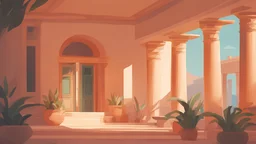 a painting of indoor interior house in Ancient Greece, old town, reconstruction :: Hellenistic period, Hellenistic town :: traditional classical greek architecture, ancient greek scene painting :: a storybook illustration by James Gilleard, behance contest winner, 2d game art, storybook illustration, rich color palette