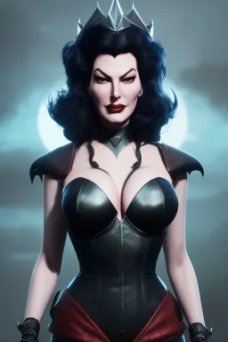 Ava Gardner as evil queen in black leather, busty, cleavage, curvy, angry, stern look. character design by cory loftis, fenghua zhong, ryohei hase, ismail inceoglu and ruan jia. unreal engine 5, artistic lighting, highly detailed, photorealistic, fantasy