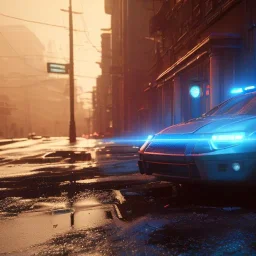 Cyberpunk,police car in night city on the rain unreal engine 5, octane render,cinema4d, dynamic lighting, 8k, redshift render, highly, hyperrealism ultra realistic, hyper realistic.