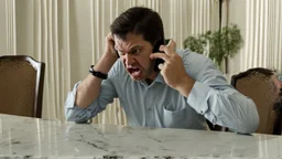 angry guy on phone at incomplete table next to marble tabletop