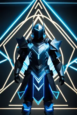 neon blue, floating triangle of light behind the back, cyber armor, geometric patterns on an armor, male, orbiting triangle