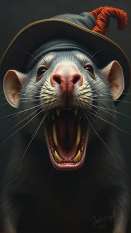 Bosch painting style nightmare , face of cruel rat with hat