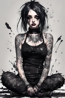 Petit girl goth many tattoos on his body, fullbody, lying pose, style texture paint splashes and streaks and blotches industrial