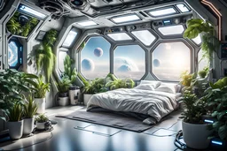 Space station Interior design, big window, bedroom with lots of plants, photos on wall in super high quality 16k,DSLR camera Sony Alpha 7 50mm 1.8,medium shot,high-resolution image with fine details,cybernetic, cable electric wires, microchip, anatomical, polished, porcelain, citrine, ultra detailed, ultra realistic, extremely realistic, intricate, photorealistic, epic composition, masterpiece, H.R.Giger style