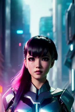 Futuristic manga cyborg, portrait from waist up, intricate eyeliner, vibrant eyeshadow, clear completion, soft lighting, 4k resolution, intricate details, insanely detailed, colorful cityscape background, masterpiece, expert, cinematic smooth, retroanime style, realistic details, no helmet, pastel hair color