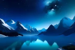A blue lake, high mountains with snow on the top in the background, a starry night with a visible planet, big saturn