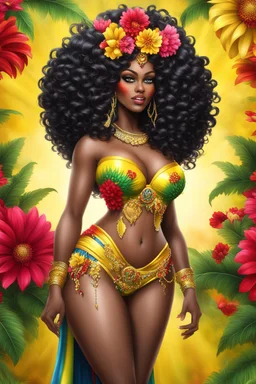 Create a digital airbrush cartoon of a curvy African American female wearing Brazilian carnaval outfit outfit that's Black, yellow, and red Prominent make up with hazel eyes. Highly detailed very long extremely curly black hair. Her skin is smooth and silky. Background eof a judge full of colorful flowers