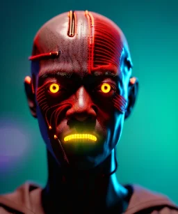 Ultra realistic photographic night portrait, cinematic, African woman, shave head, <hanging wires> <retro monitor> many wires coming out of the head <perfect pupil> <cyborg arm> <garage> <wide angle Shot> <retro futuristic> <thriller>, led lights, color fog, soft color, highly detailed, unreal engine 5, ray tracing, RTX, lumen lighting, ultra detail, volumetric lighting, high definition.