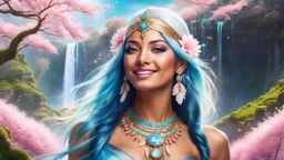 Photo realistic portrait of a gorgeous smiling skinny native indian goddess with a golden dark shining skin, long smooth clear turquoise blue and pink white hair, blue eyes, in a sci-fi outfit with luminous strikes blowing a kiss in a hill of flowers with sakura trees, a waterfall, a crystal palace, loads of mini flowers, moss, sun rays through the branches, particles in the air at spring. Intricated details,