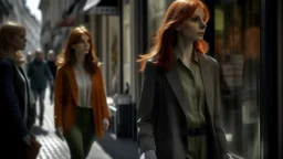 shoulder-length red-haired woman walking along a street full of shops, with a translucent woman following her