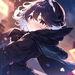 floating in air, backflip,{{anime}}, detailed beautiful short hair,{{fluffy hair}}, delicate and intricate hair, black loose raincoat with hood, purple and black eyes, blush, beautiful detailed eyes, {beautiful face}, cinematic light,{masterpiece}, beauiful illustration, offical art, upanime