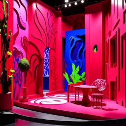 A reddish magenta drama theater with abstracted shapes painted by Henri Matisse