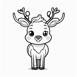 A black and white cute drawing of a Reindeer. Only outline, white background,for kids. The illustration should be in [SUPER SIMPLE], black and white, bold line art with a clear, mostly empty background. [INCLUDES ONLY OUTLINES WITH NO FILLED IN BLACK AREAS], ensuring no shading, no complex images, and making it very easy to color in between the lines.