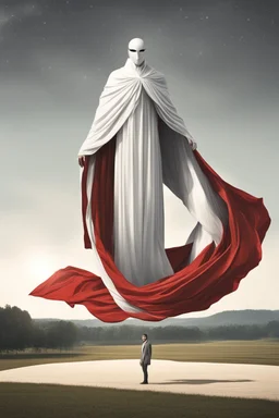 Giant massive huge in stature, majestic entity, hovering and floating over a large field landscape. the entity wears a white and red draped fabric that has printed on the material resembling stars. the fabric has also technological elements. you can see how big it is compared to a tiny human standing in front of it