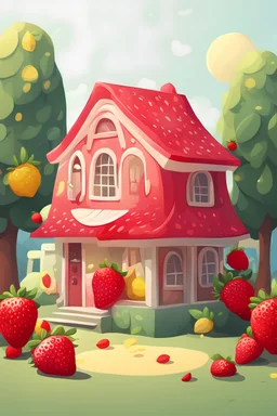 A simple cartoon scene with a strawberry and lemon house