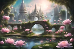 divine cosmic future city in space, amd pretyy fairy with great wings in the back, small lake with a few water lilies and river with very small waterfall in the watercourse, very pretty little flowered bridge with pink roses, very small fairies with pretty transparent wings, (very pretty shrubs++), well-cut green grass and small flowers of all colors, small dome-shaped house, small white floers
