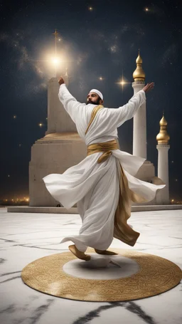 Hyper Realistic Sufi Whirling on stone floor with white & Golden Islamic Sufi Rustic Grungy Background outside white marble Islamic monument at dark night with stars on sky