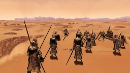 desert, highly detailed, comic style warriors from behind, in the background far away a city