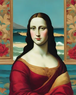 Mona Lisa on the beach i a cocktail Scarlet, light olive, light teal