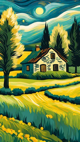 picture of a cottage surrounded by fields and trees in the van Gogh style