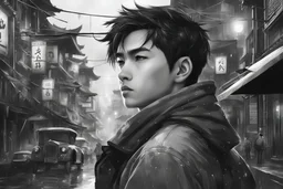 cute Asian guy, Wednesday Adam in 8k anime cgi drawing style, Adam family them, neon effect, close picture, rain, highly detailed, high details, detailed portrait, masterpiece,ultra detailed, ultra quality, Chinese city, 1 black and white husky dog, monochrome, side view