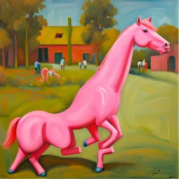 Big pink plastic toy horse.19th painting