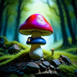 "Close up of a wonderful tiny Mushroom Tower home. Red and indigo with bright white, deep black and contrasting tones of gray magenta and violet colors. Illuminated bioluminescent forest. Professional painter, master at composition. small but detailed. broken, blurred background, voluminous lighting"