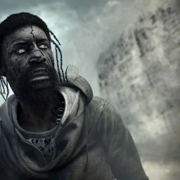 badass black man, long curly black hair, scar on eye, hooded, post-apocalyptic, realistic, intriacte detail, sci-fi fantasy style, volumetric lighting, particales,highly detailed,cinamatic, deep colours,8k