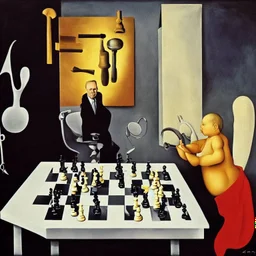 Complex Surgical Instruments,Putin,President Xi jinping,Joe Biden Play Chess with a Newborn Boy,absolute order,black background,surrealism,minimalism,Painting By Adrian Ghenie,Michelangelo,Rene Magritte,Lucian Freud,Salvador Dali,Pablo Picasso