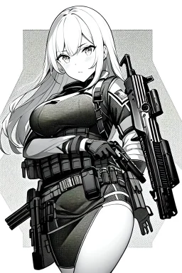 military girl takes out pistol, greyscale