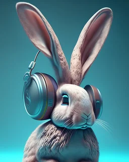 Bunny with headphones on his ears, 3D rendering by Ron English, trending on cgsociety, pop surreal, behance hd, deviantart hd, photo illustration
