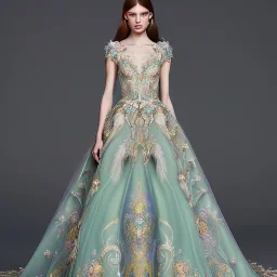 stunning couture gown designed by Marchesa inspired by fairytales, realistic epic fantasy colors, detailed, high quality, intricate, fantasyland background,