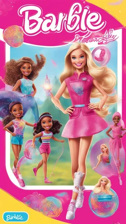 Create a vibrant image cover for a Barbie fun book featuring Barbie and her friends engaged in exciting adventures! Picture Barbie leading her friends on a colorful journey through fantastical landscapes filled with magic, friendship, and endless fun. Include iconic Barbie elements like glamorous outfits, sparkles, and smiles.